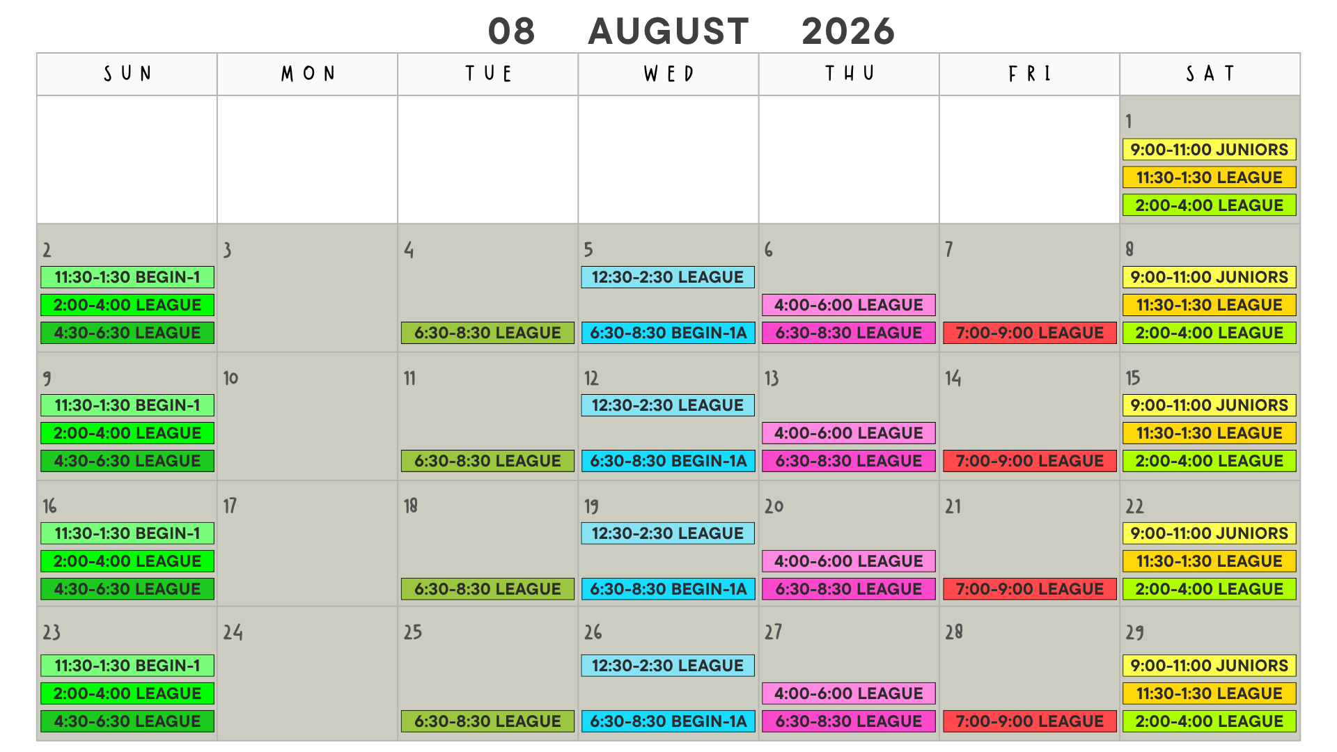 Fall League Schedule