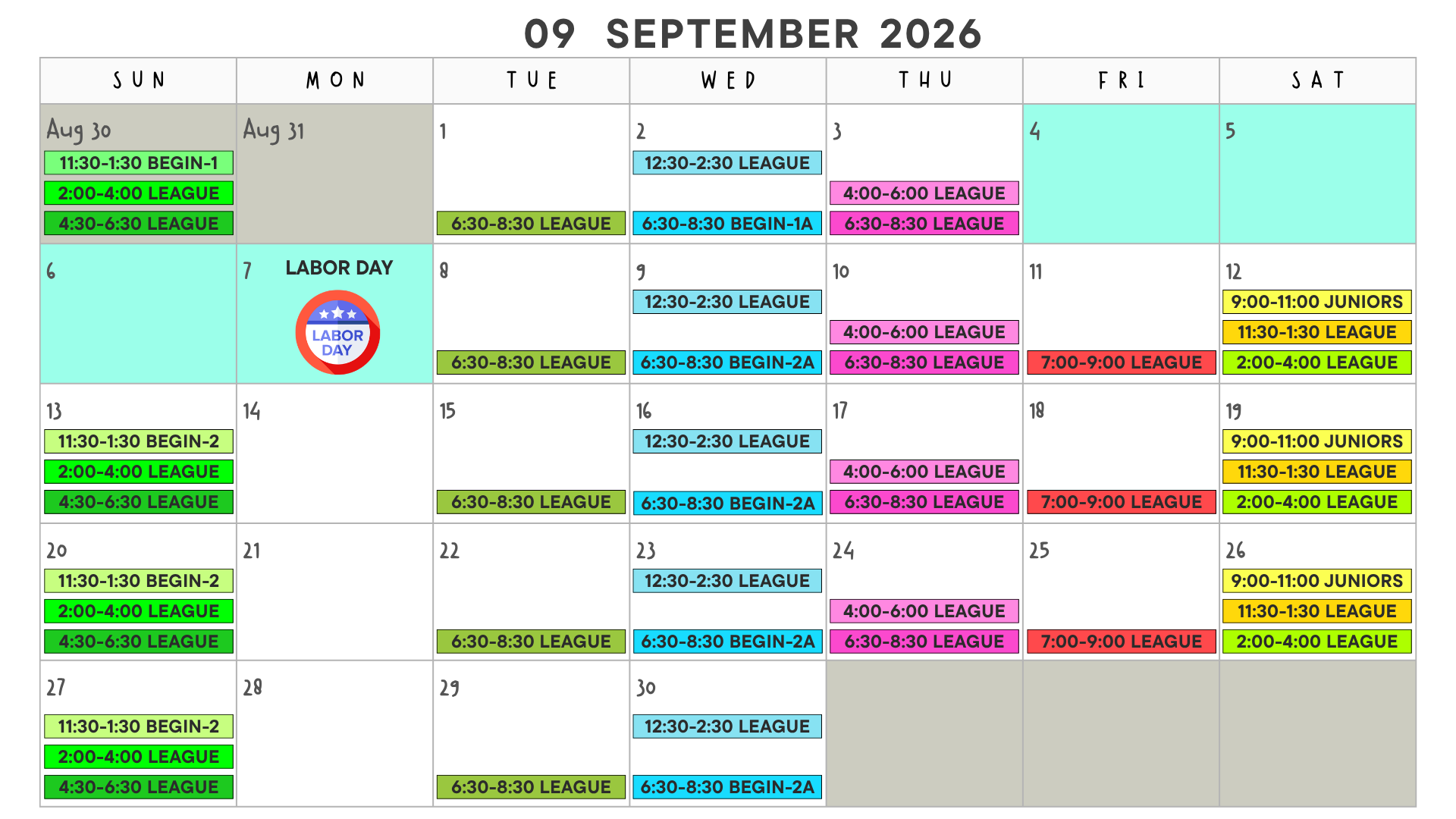 Fall League Schedule